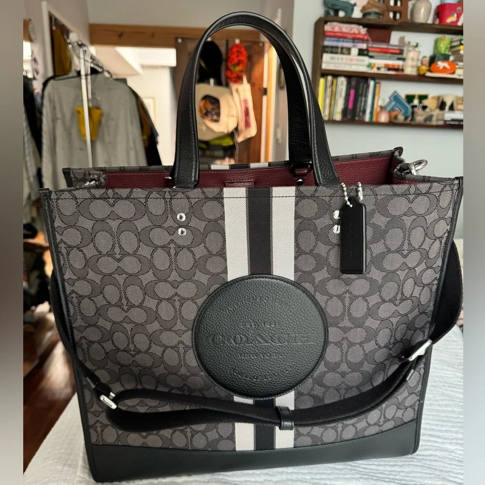 Coach Gray Signature Tote with Black Trim and Burgundy Interior